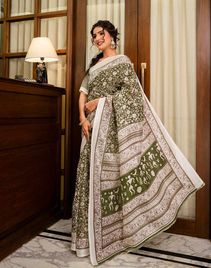 Mehandi Green Khadi Printed Saree