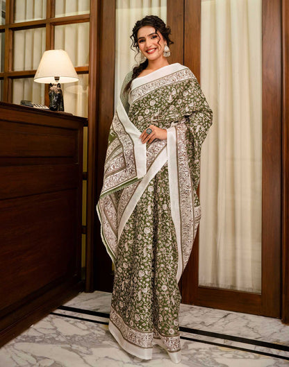 Mehandi Green Khadi Printed Saree