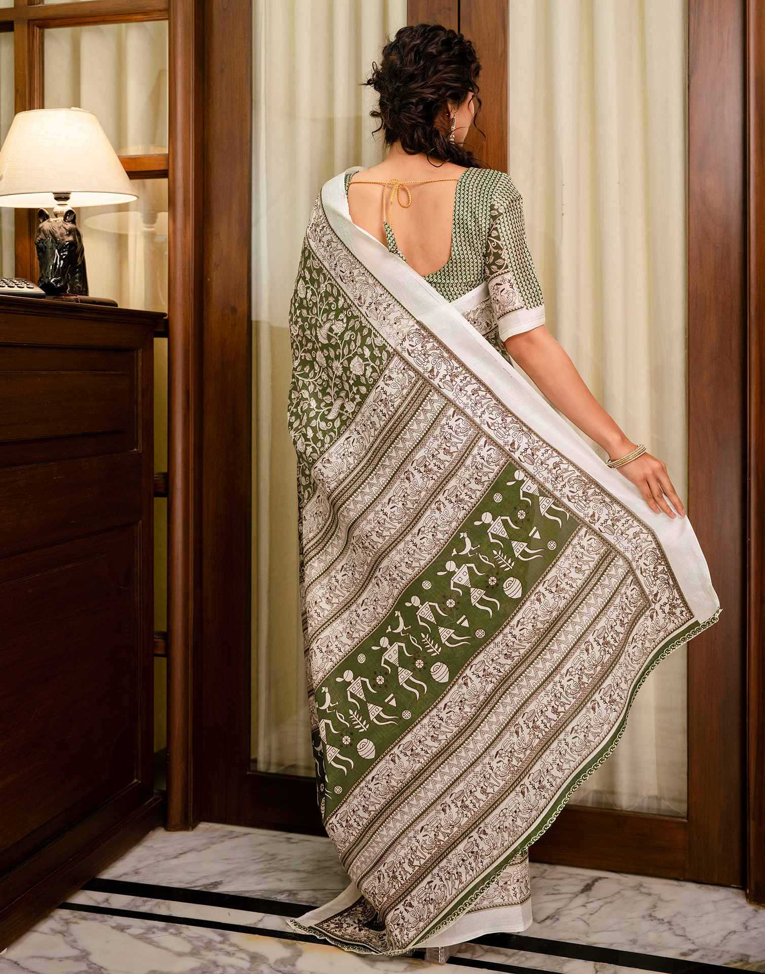 Mehandi Green Khadi Printed Saree