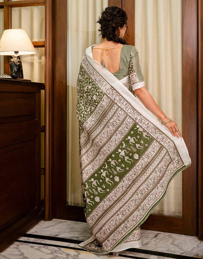 Mehandi Green Khadi Printed Saree
