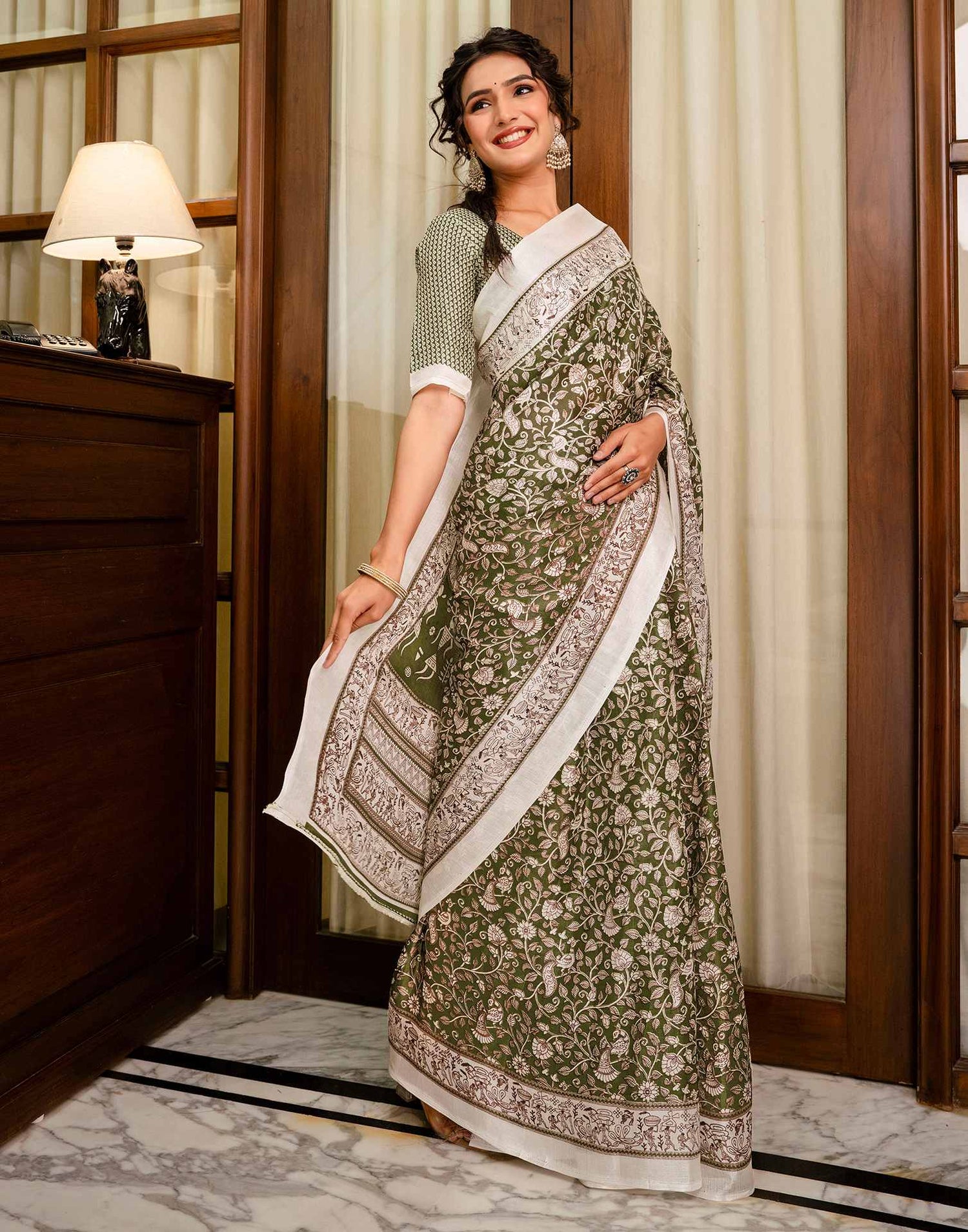 Mehandi Green Khadi Printed Saree