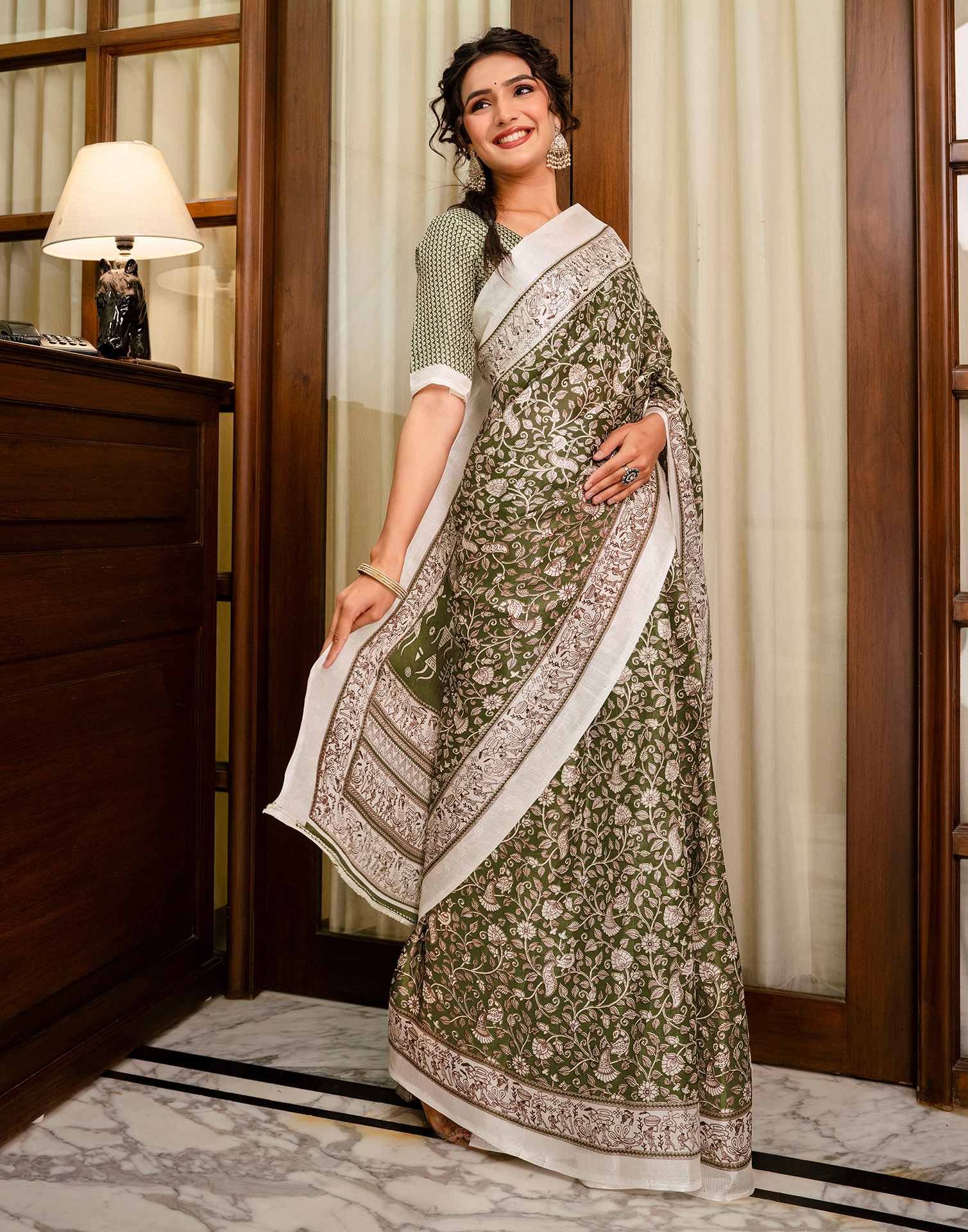 Mehandi Green Khadi Printed Saree