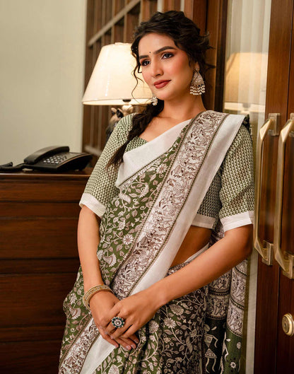 Mehandi Green Khadi Printed Saree