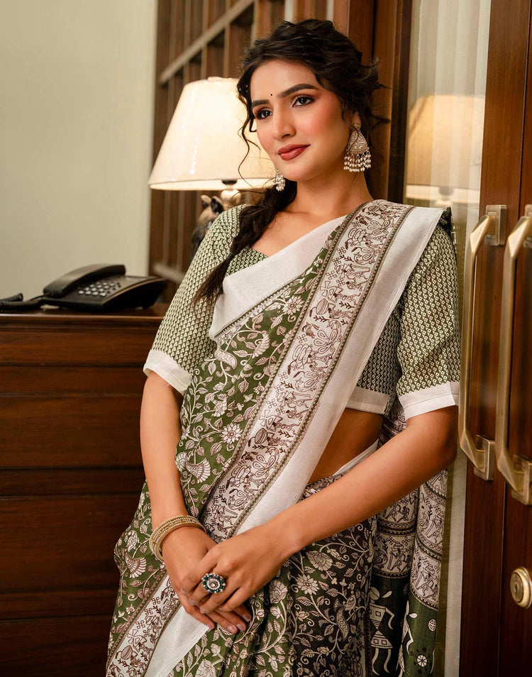 Mehandi Green Khadi Printed Saree