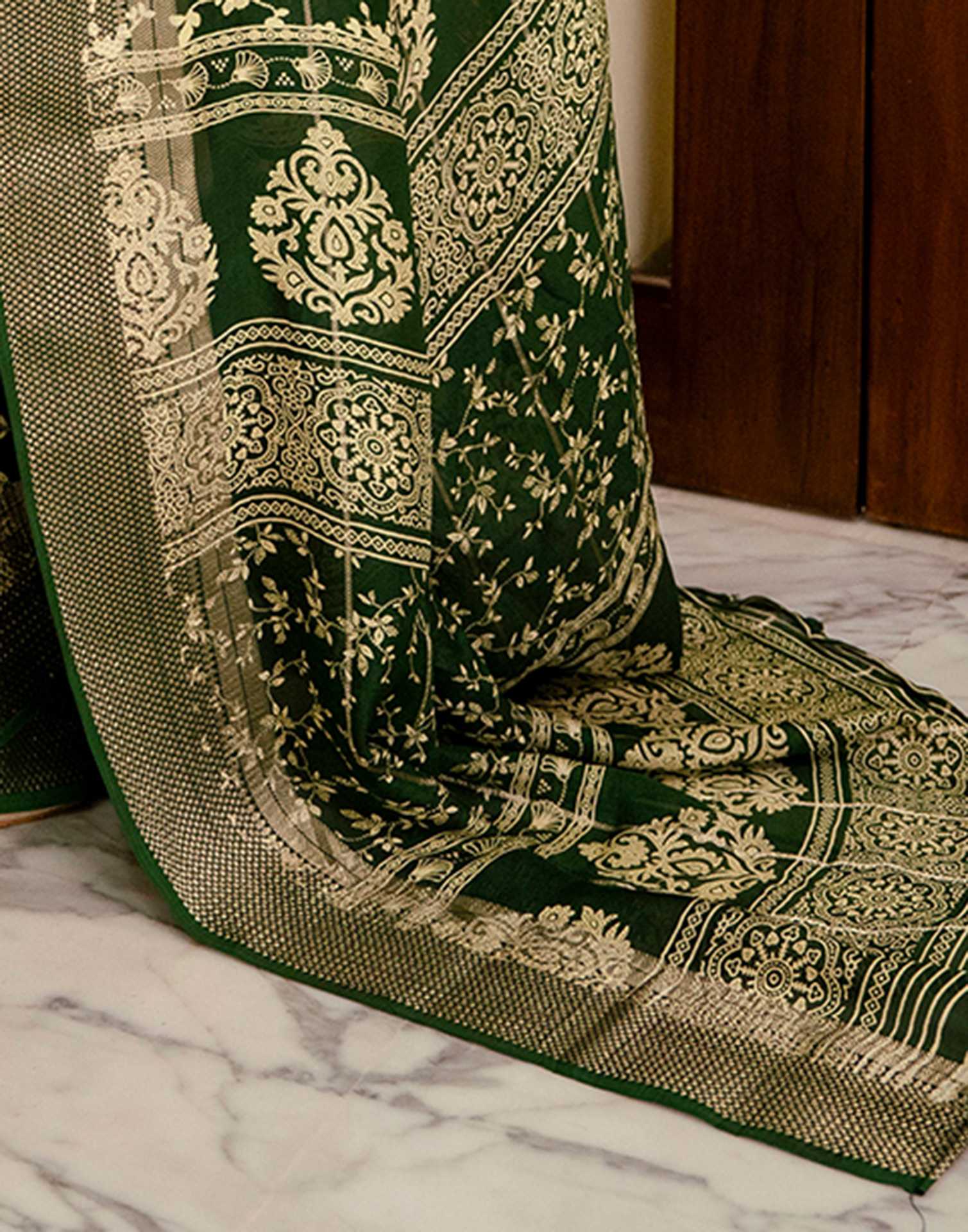 Green Georgette Printed Zari Stripe Saree 