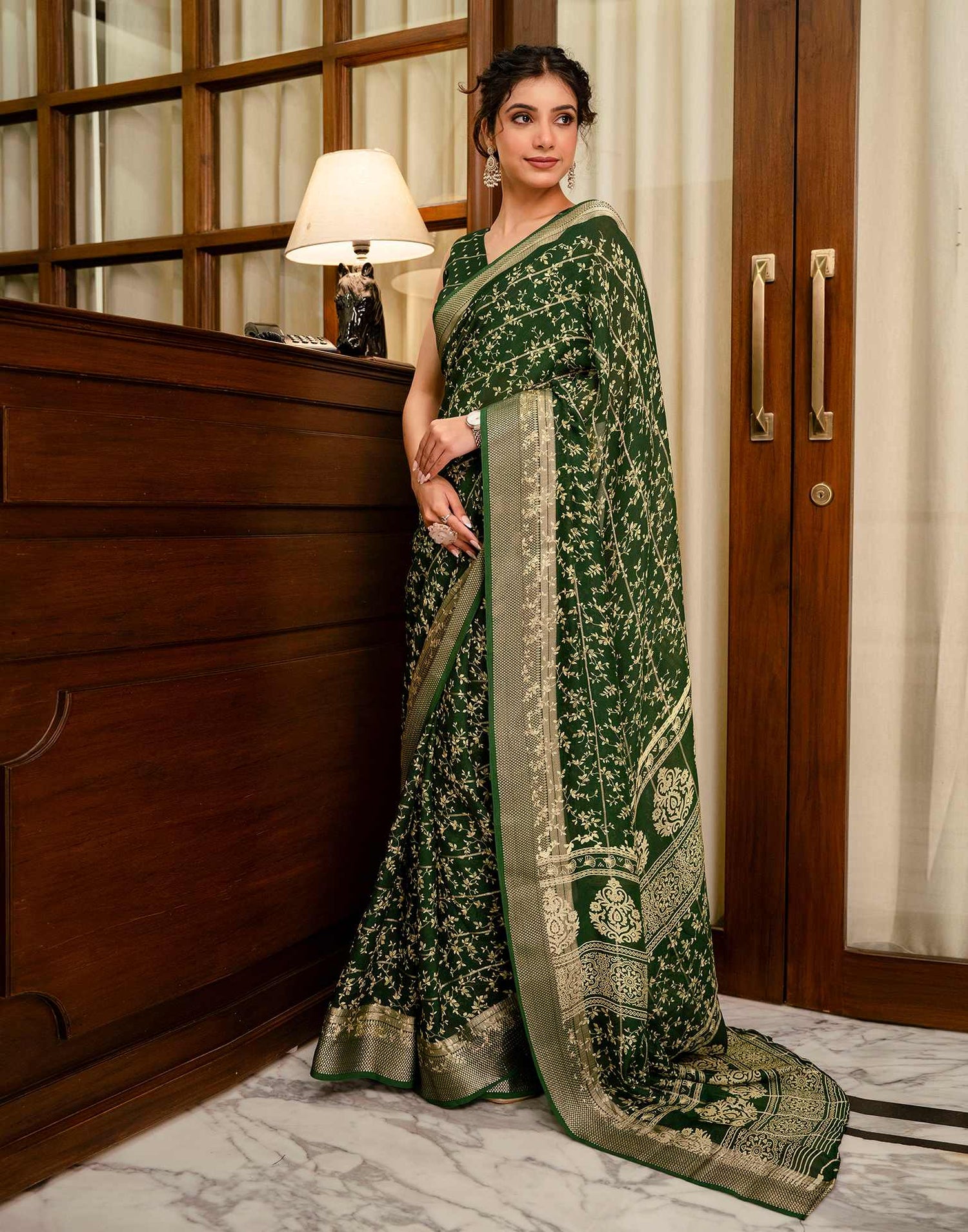 Green Georgette Printed Zari Stripe Saree 