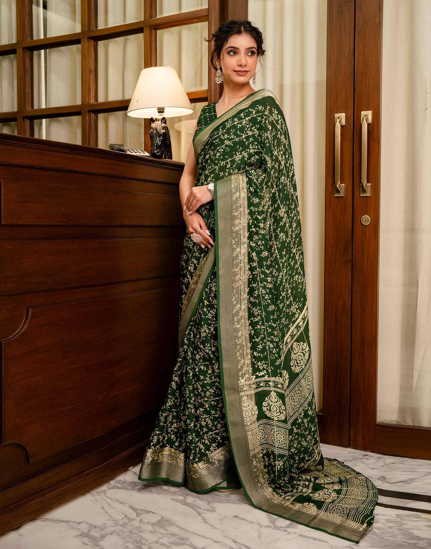 Green Georgette Printed Zari Stripe Saree 
