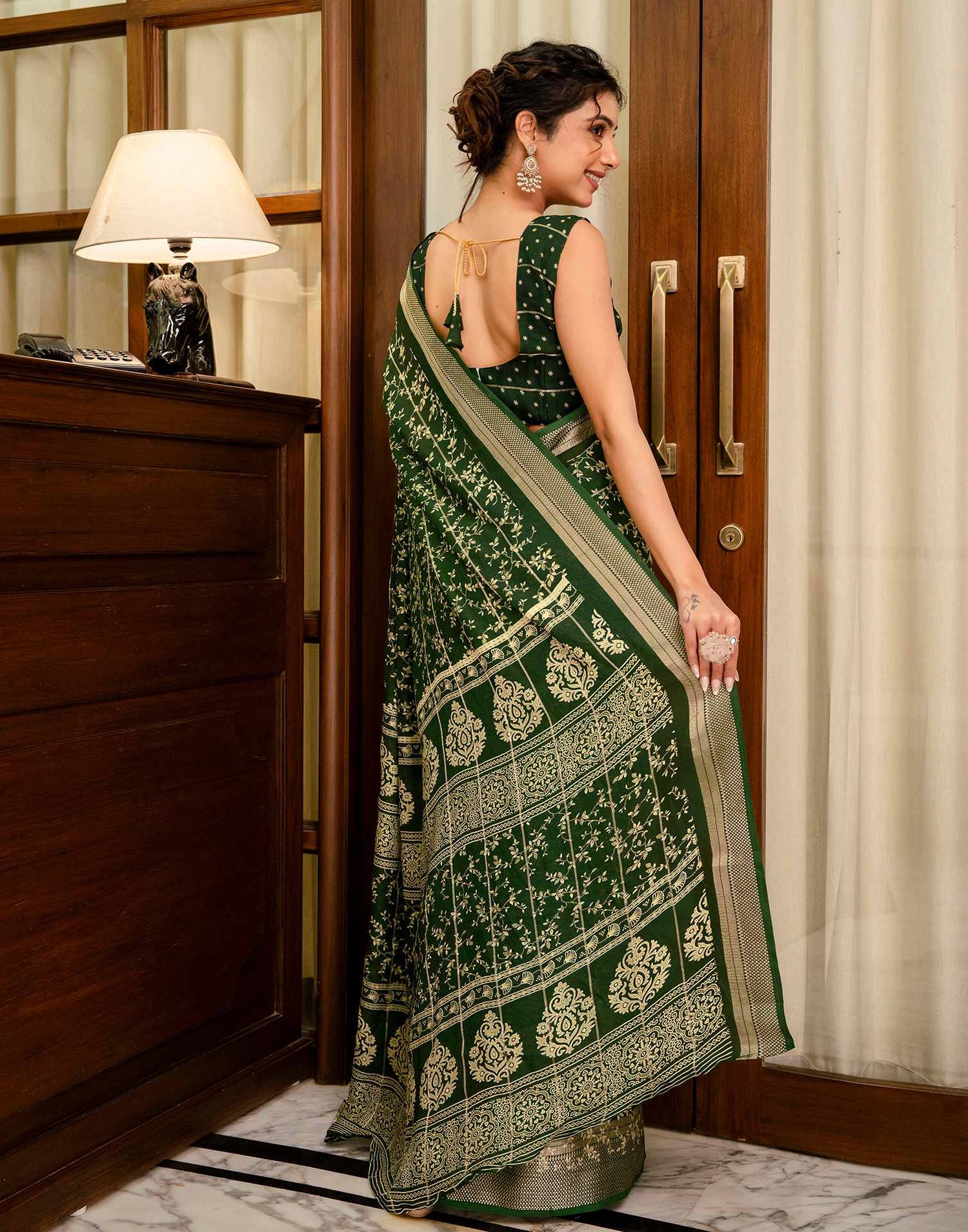 Green Georgette Printed Zari Stripe Saree 
