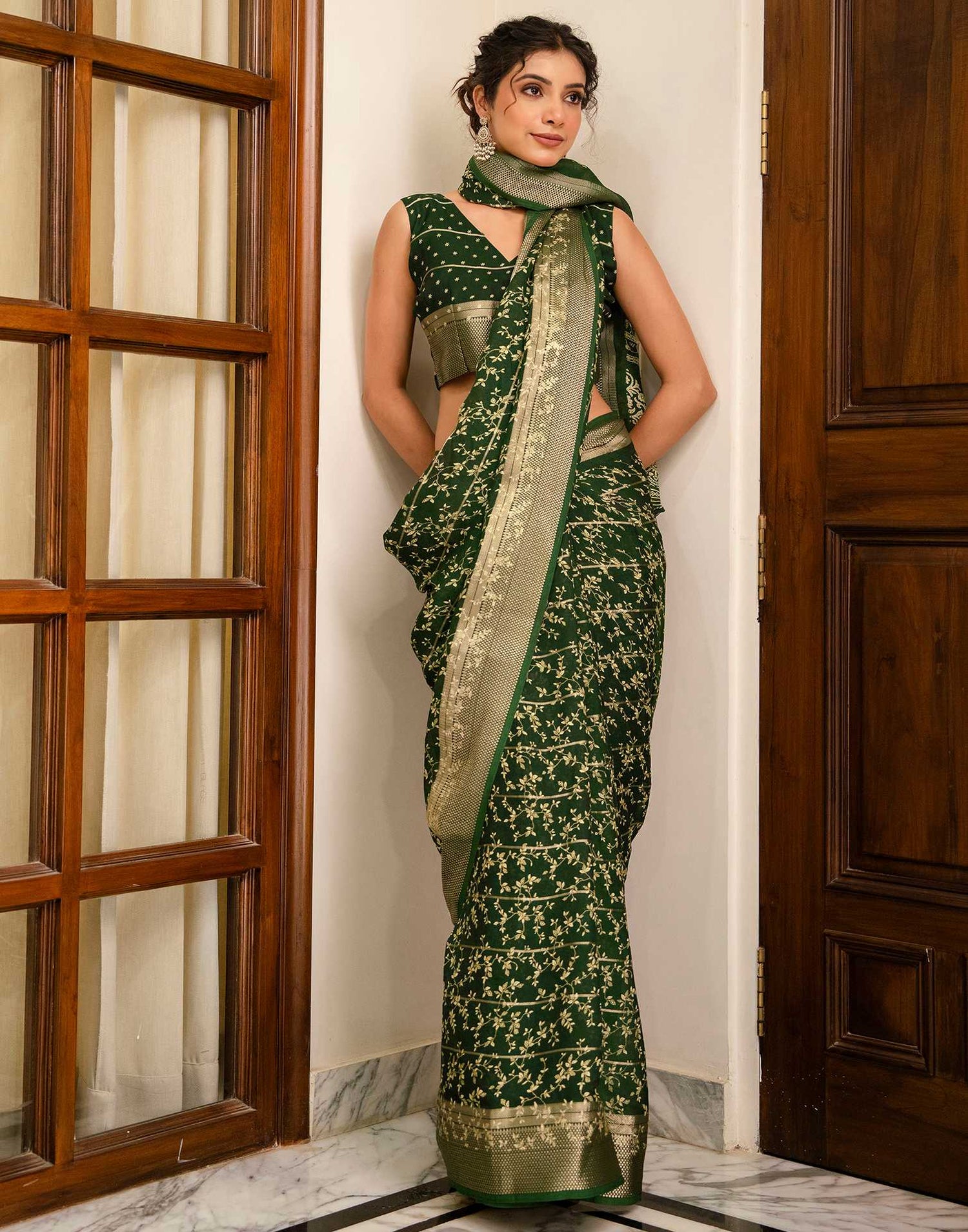 Green Georgette Printed Zari Stripe Saree 