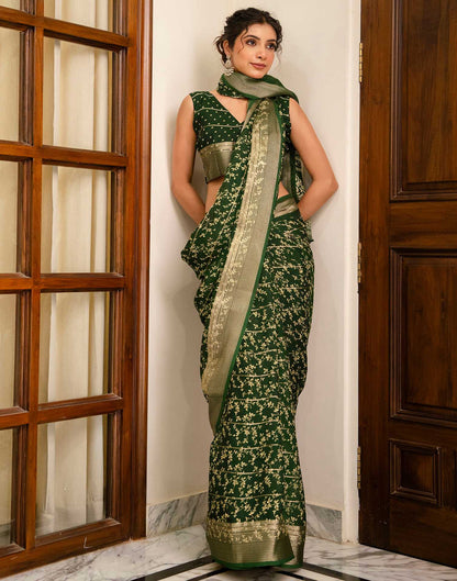 Green Georgette Printed Zari Stripe Saree 