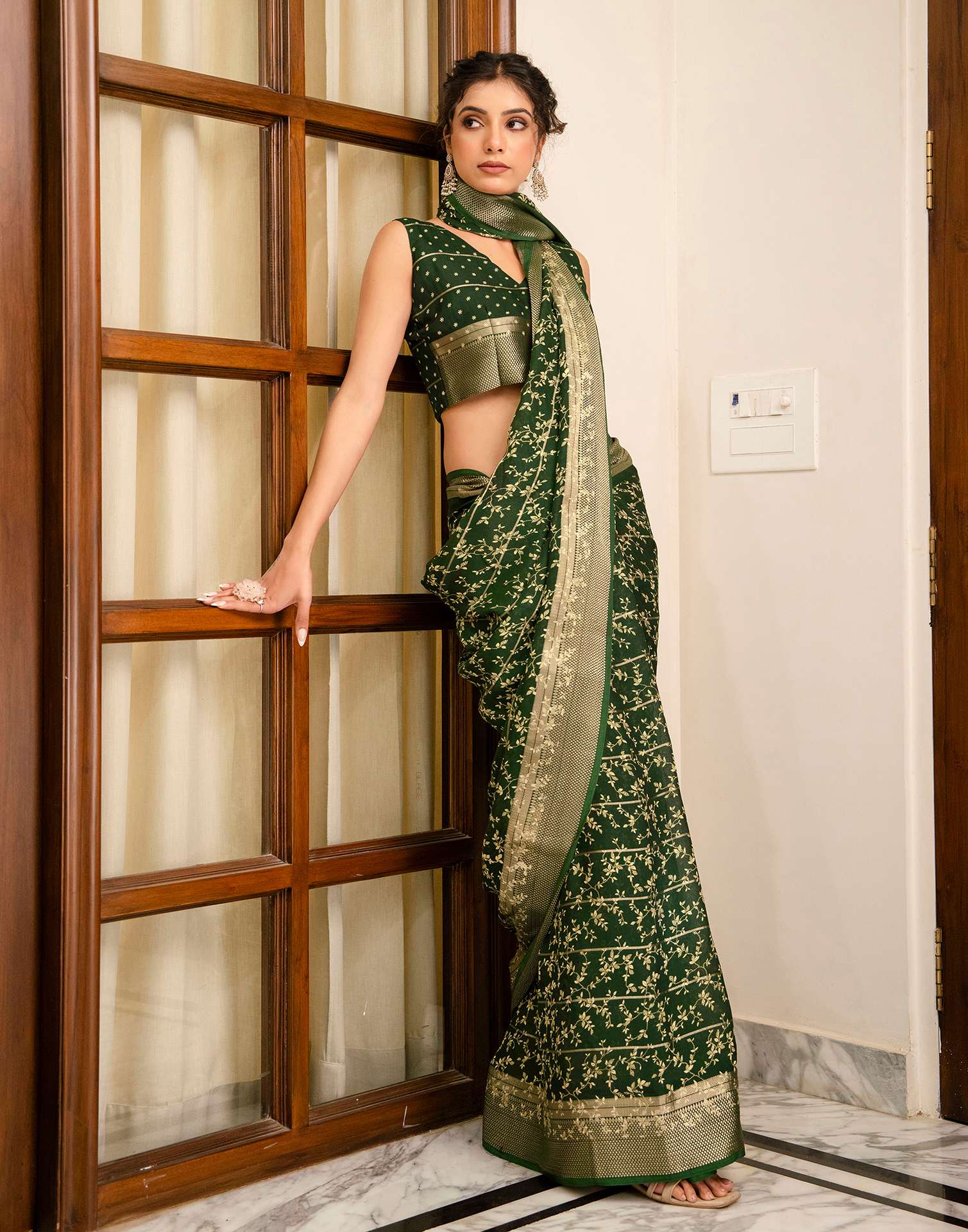 Green Georgette Printed Zari Stripe Saree 