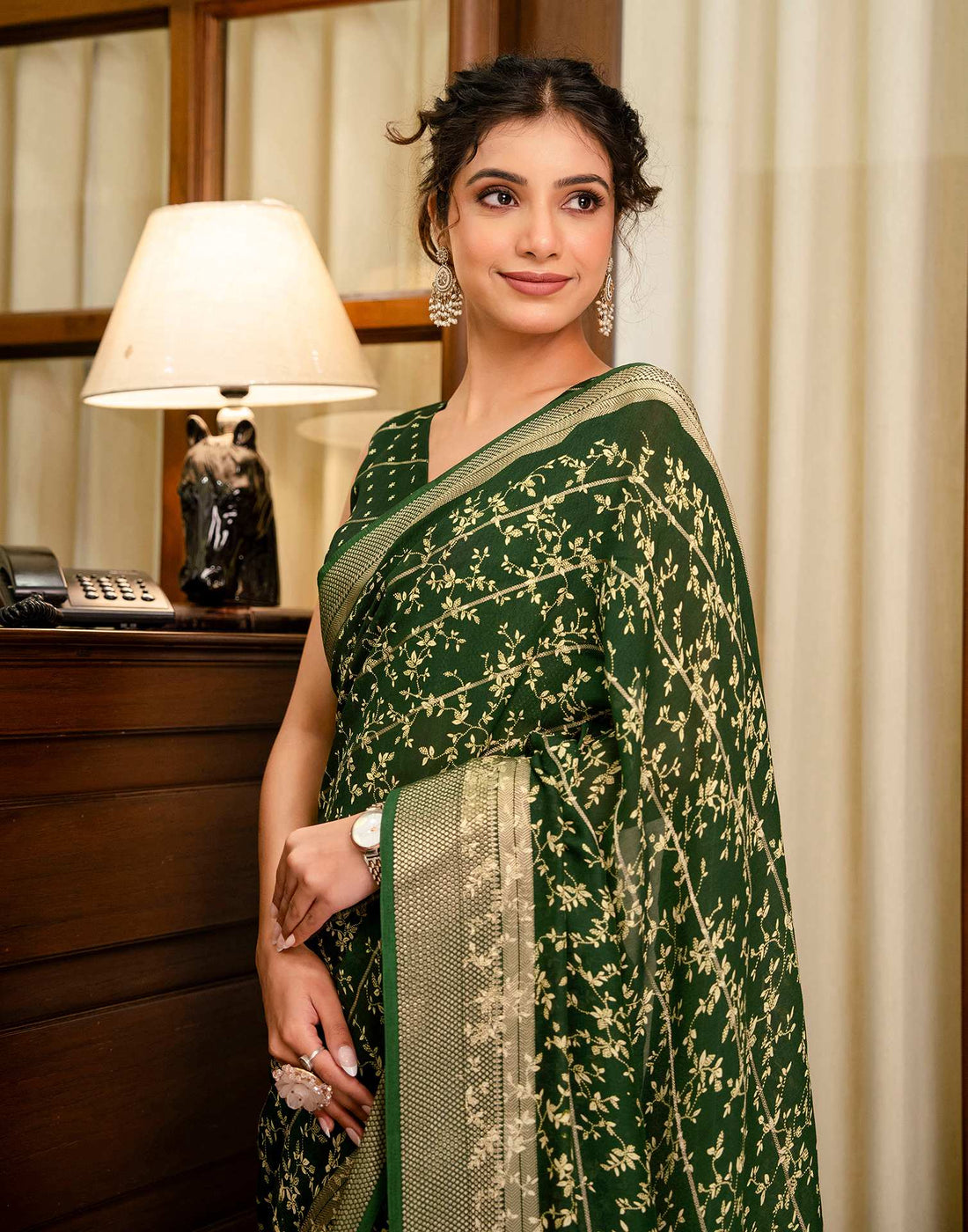 Green Georgette Printed Zari Stripe Saree 