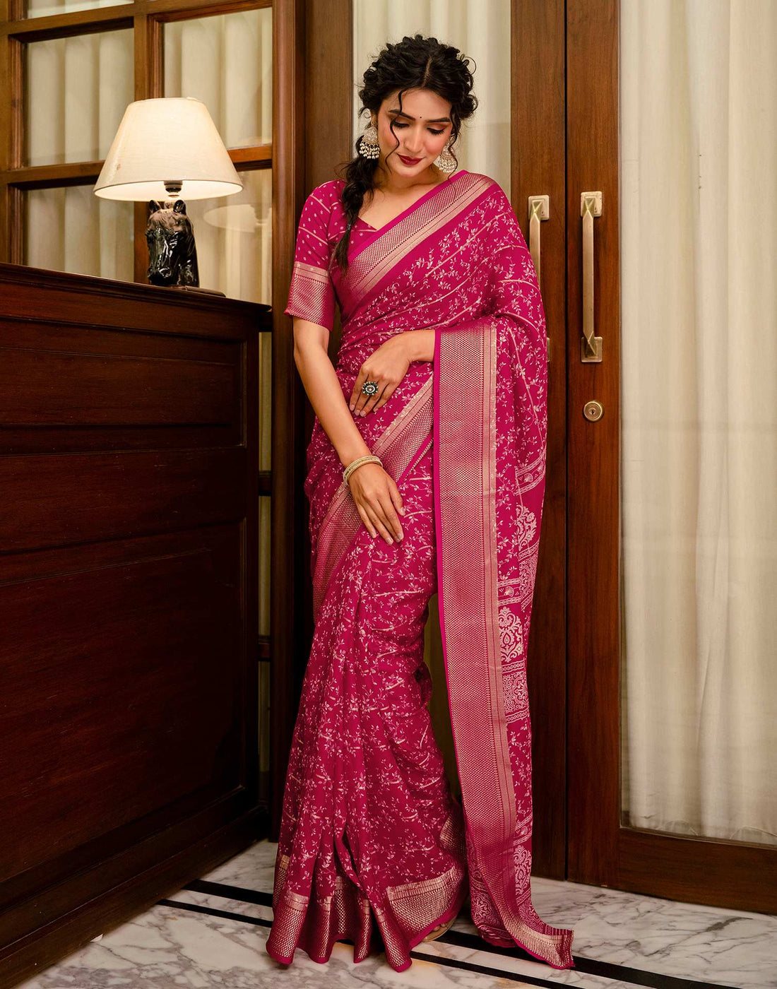 Rani Pink Georgette Printed Zari Stripe Saree