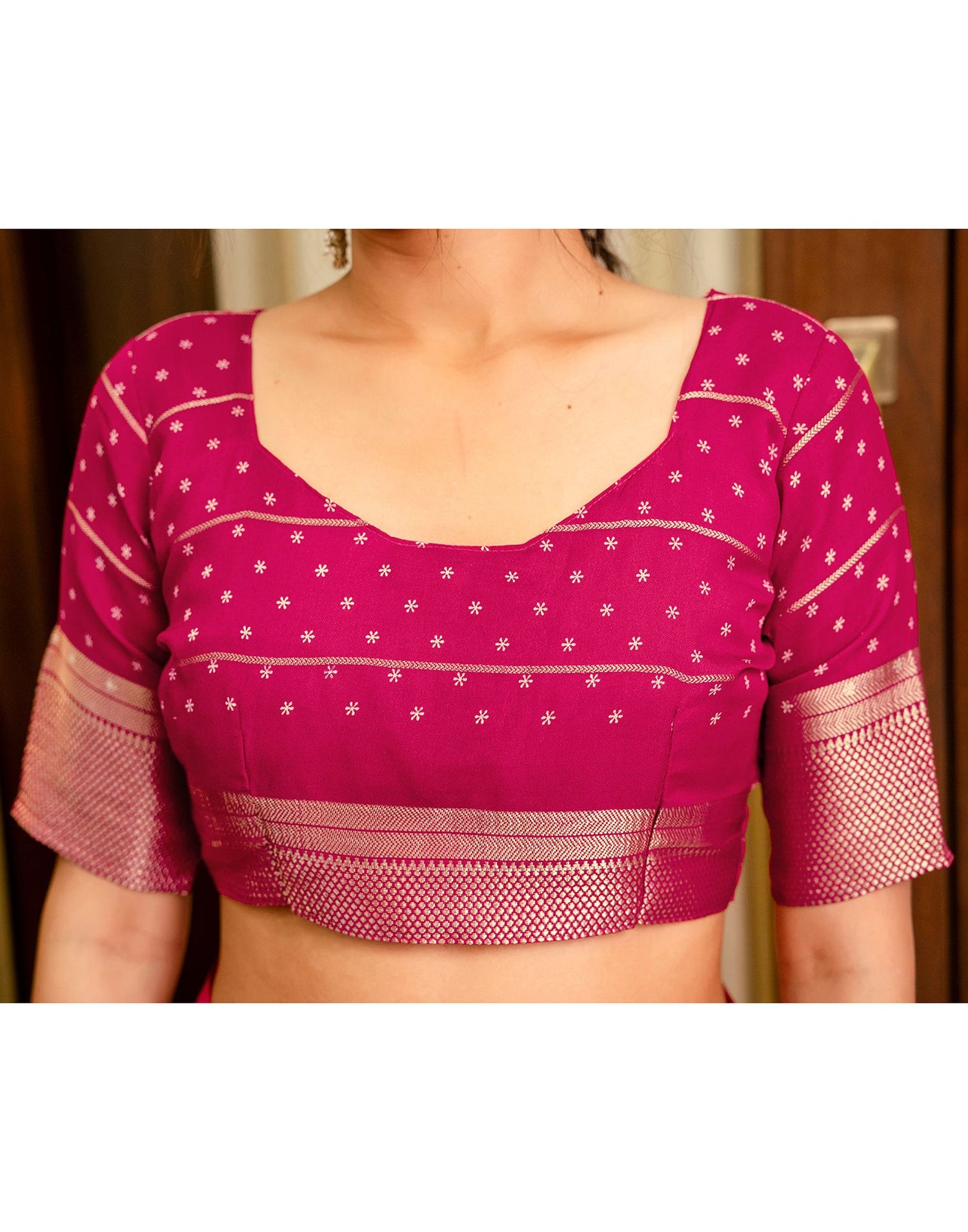 Rani Pink Georgette Printed Zari Stripe Saree