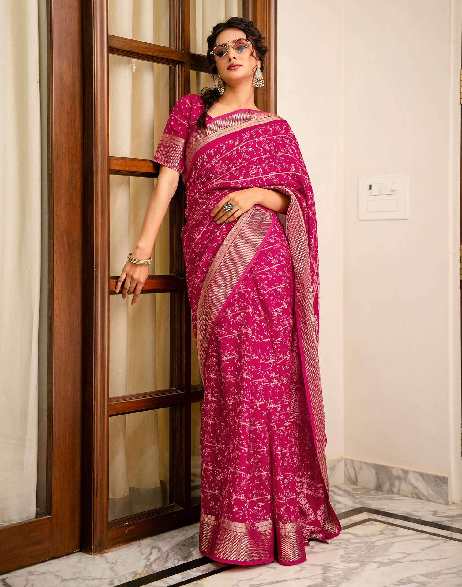 Rani Pink Georgette Printed Zari Stripe Saree