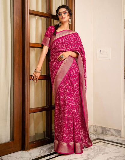 Rani Pink Georgette Printed Zari Stripe Saree