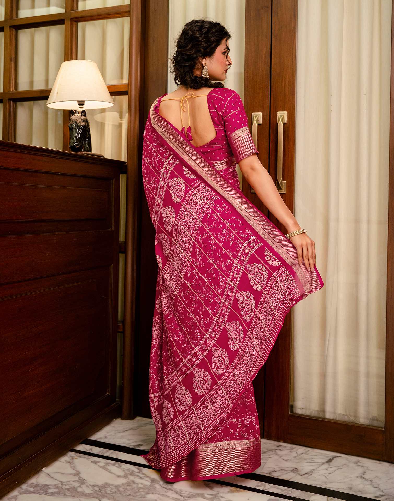 Rani Pink Georgette Printed Zari Stripe Saree