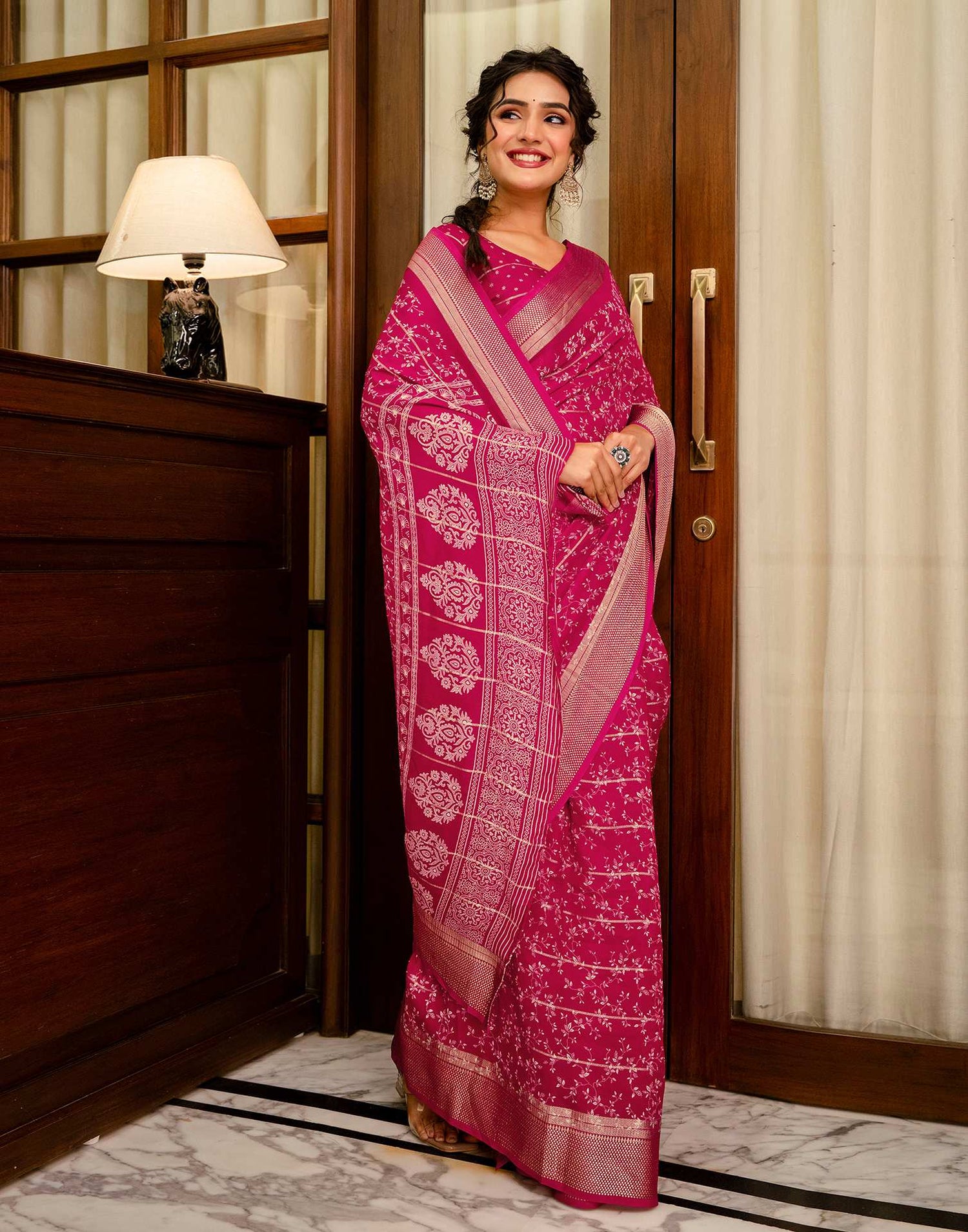Rani Pink Georgette Printed Zari Stripe Saree