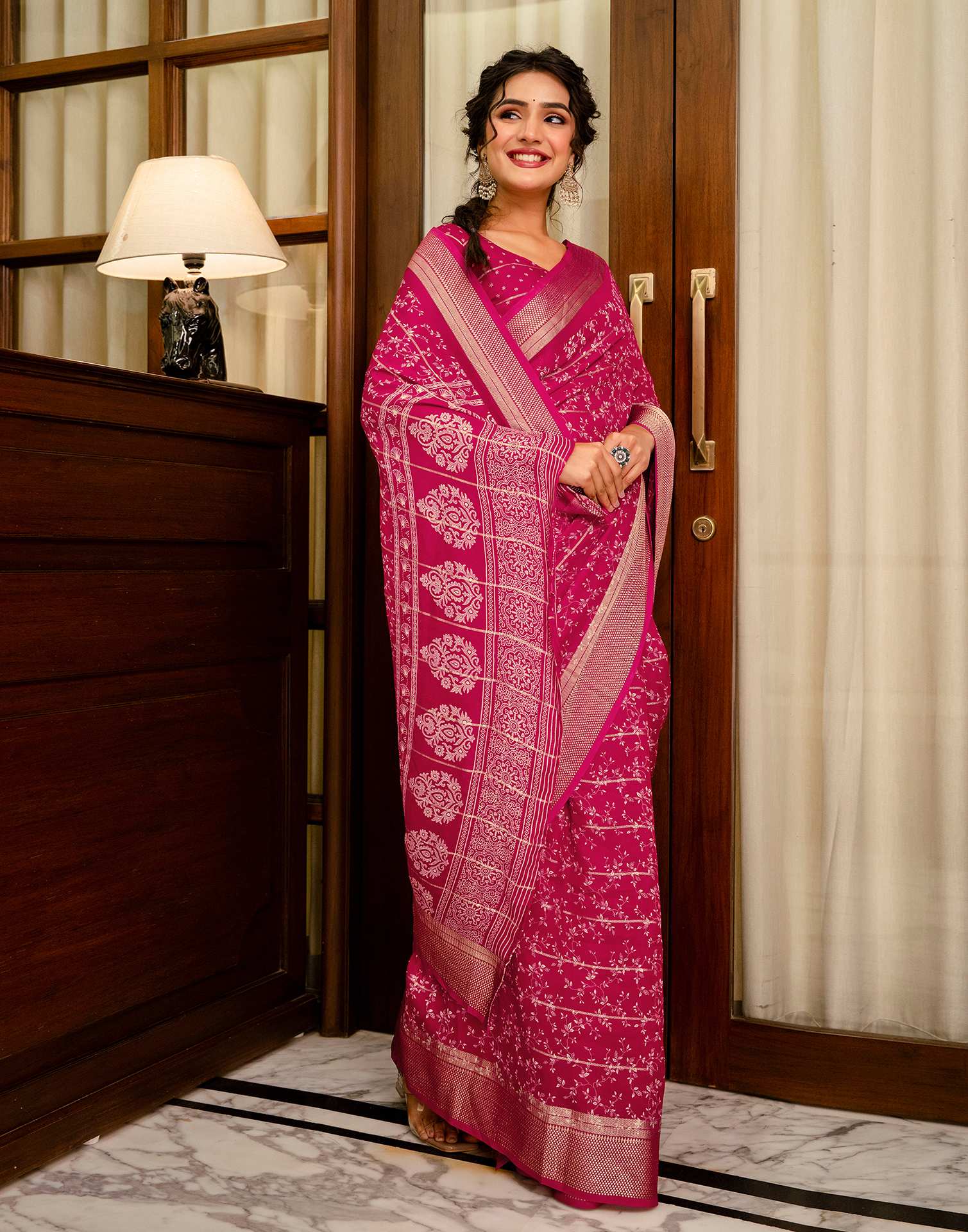 Rani Pink Georgette Printed Zari Stripe Saree