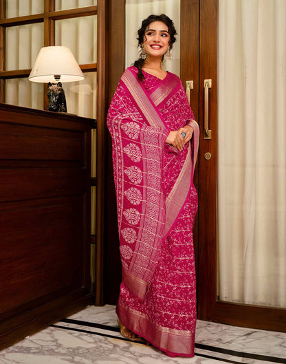 Rani Pink Georgette Printed Zari Stripe Saree