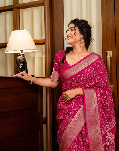 Rani Pink Georgette Printed Zari Stripe Saree