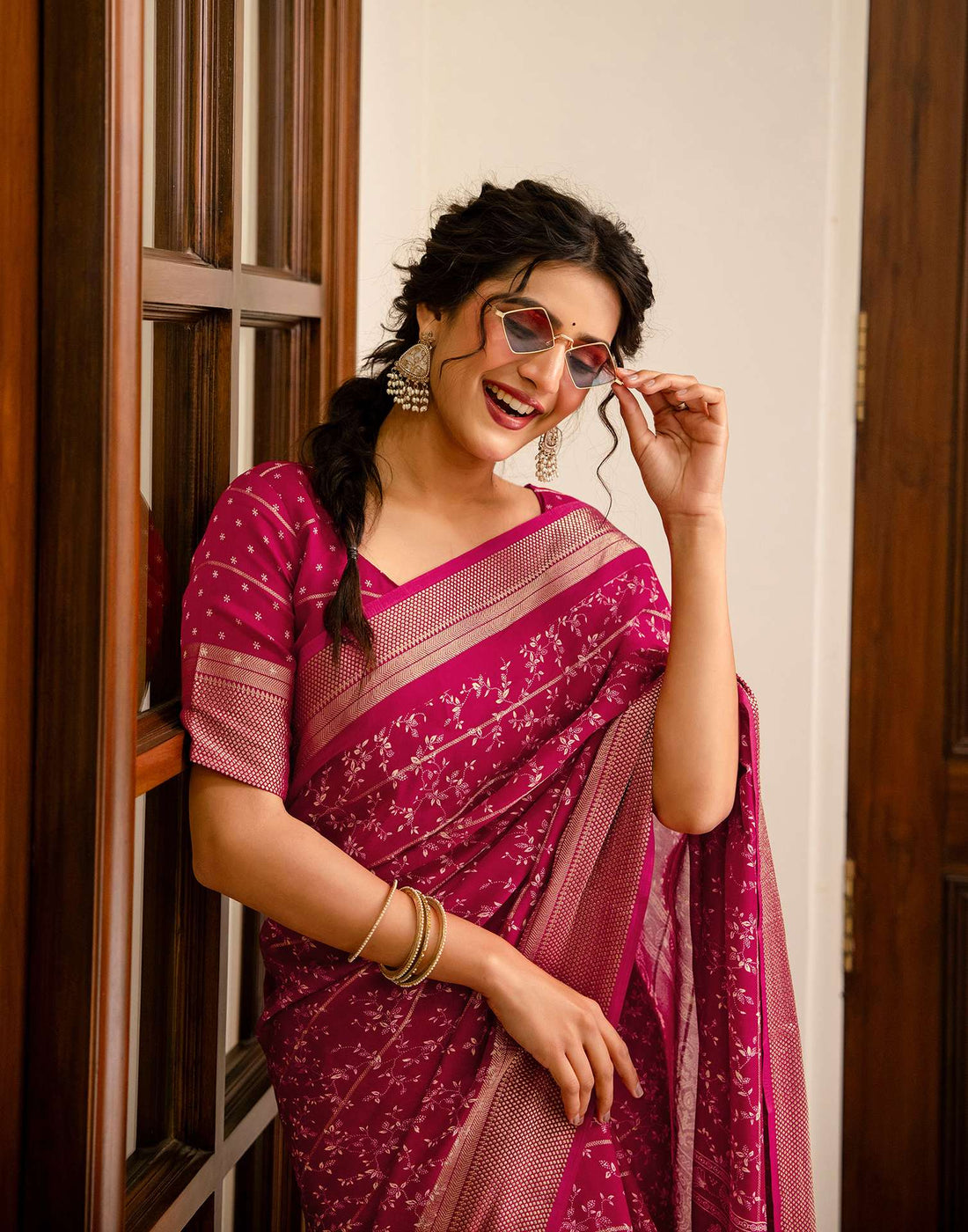 Rani Pink Georgette Printed Zari Stripe Saree