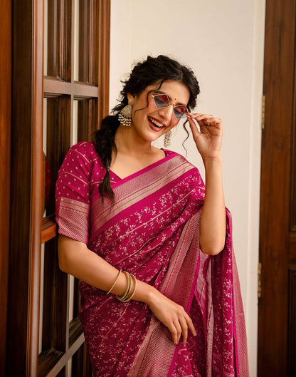 Rani Pink Georgette Printed Zari Stripe Saree
