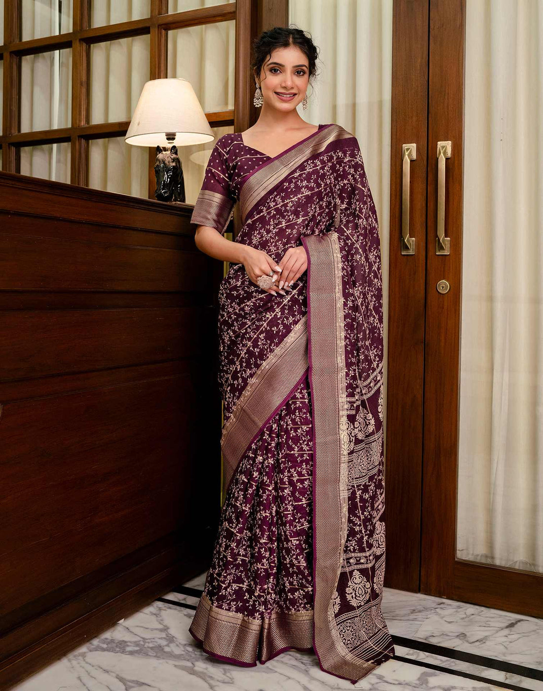 Wine Georgette Printed Zari Stripe Saree 