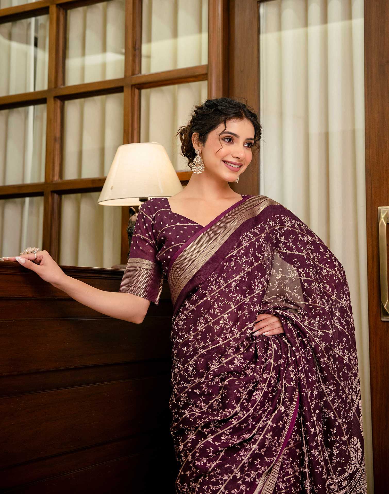 Wine Georgette Printed Zari Stripe Saree 