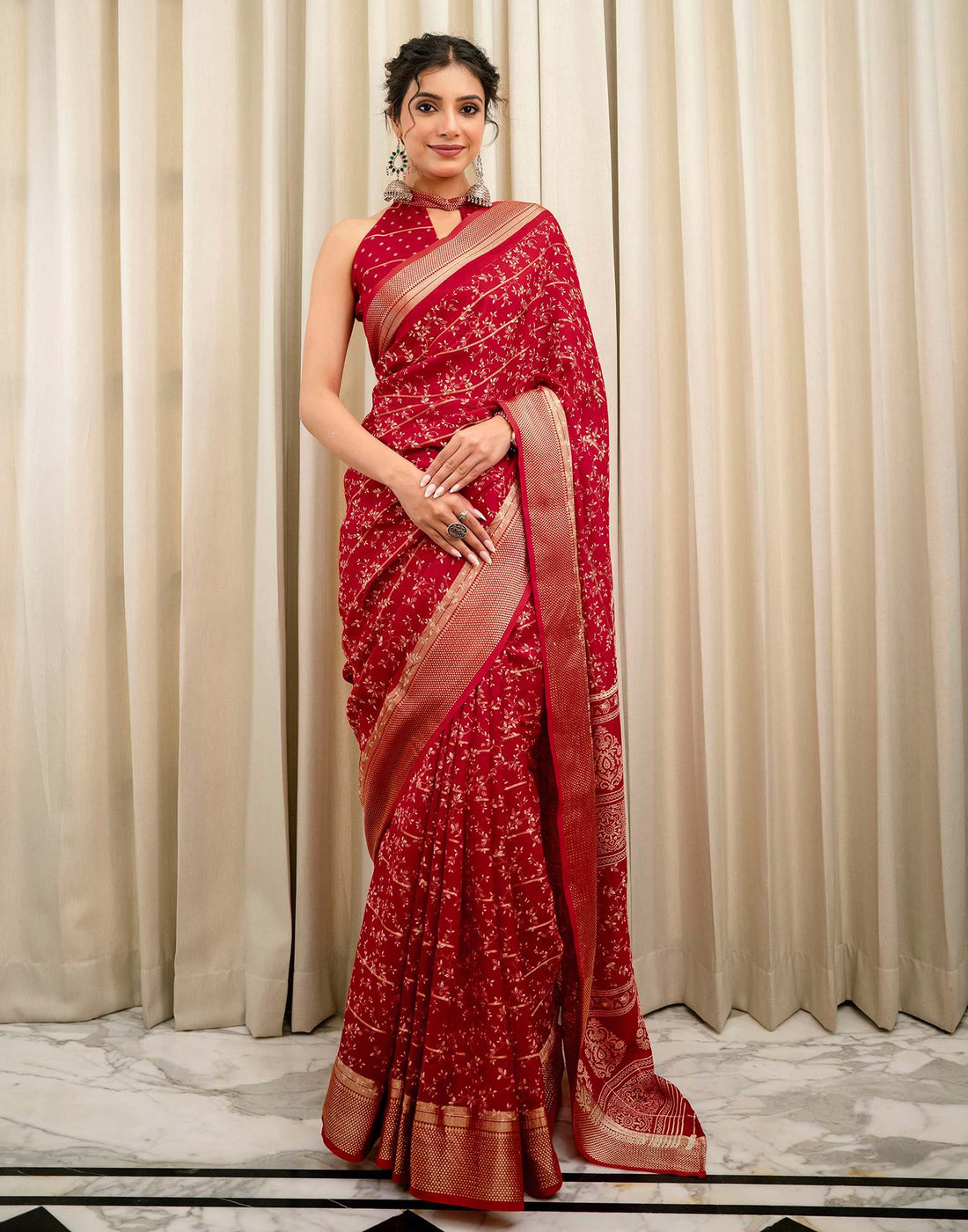 Red Georgette Printed Zari Stripe Saree 