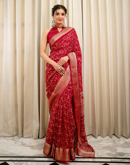 Red Georgette Printed Zari Stripe Saree 