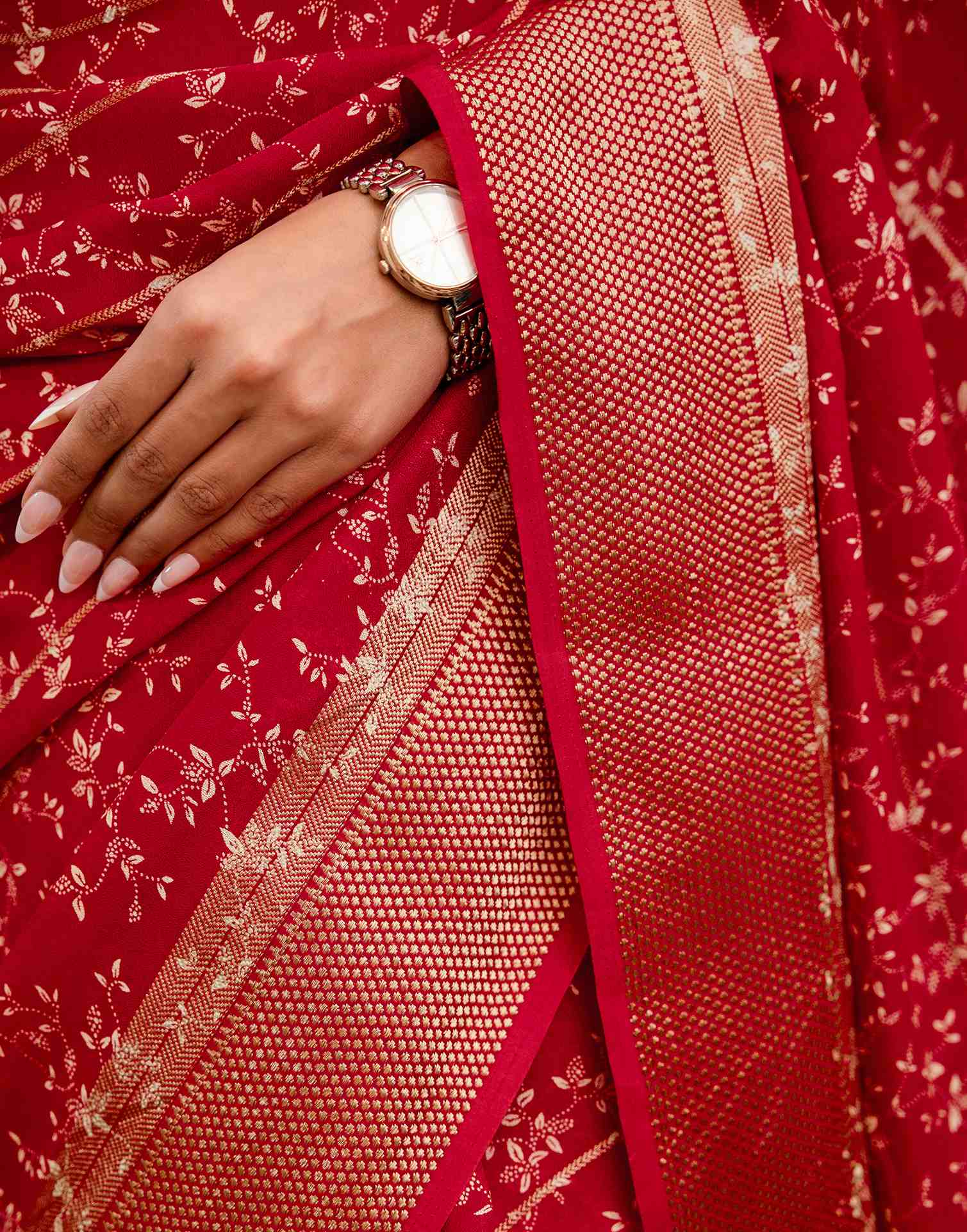 Red Georgette Printed Zari Stripe Saree 