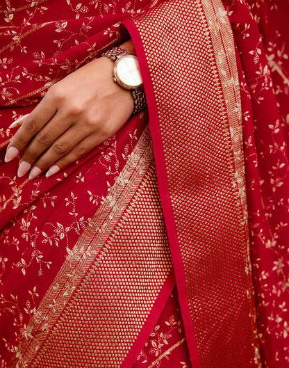Red Georgette Printed Zari Stripe Saree 