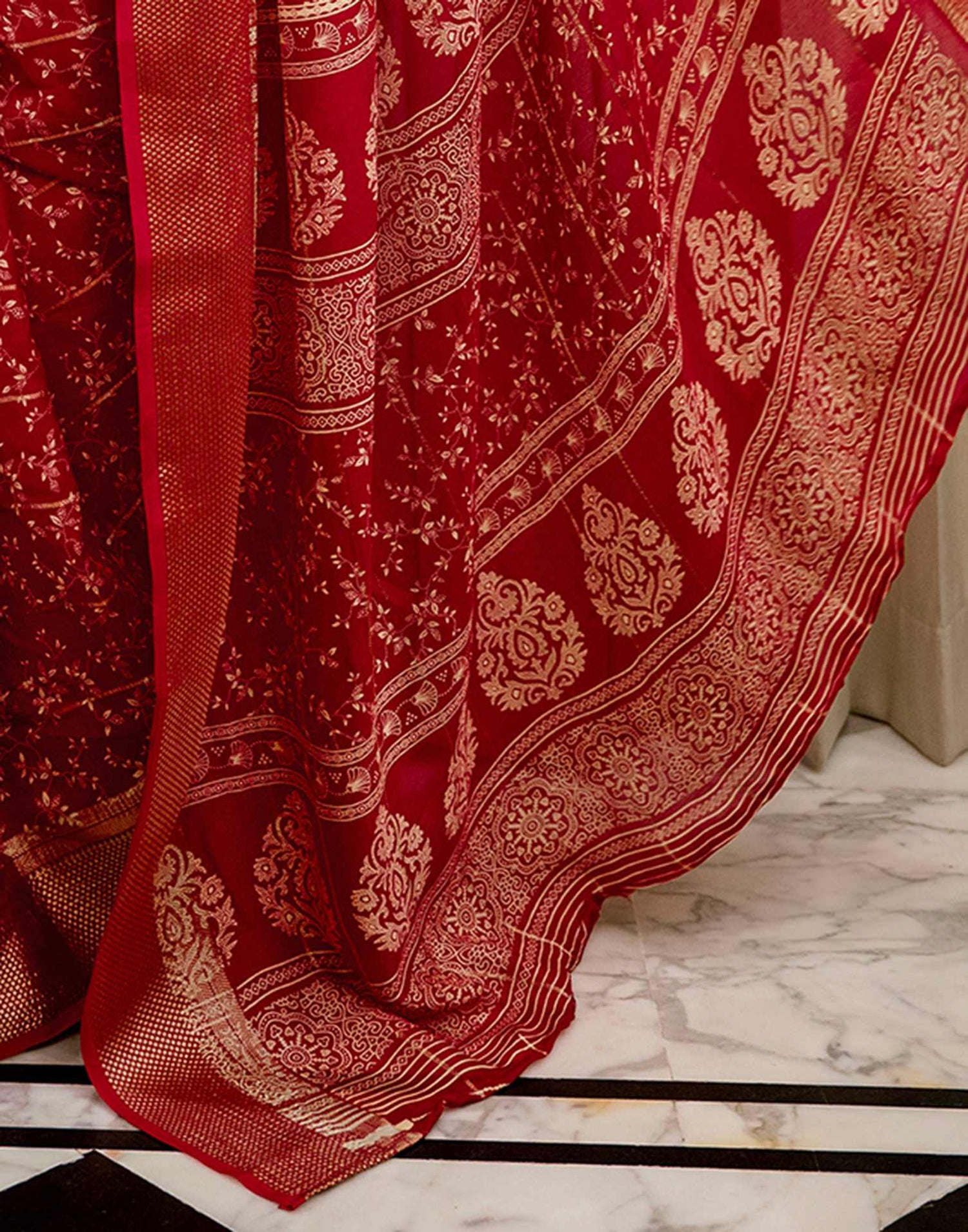 Red Georgette Printed Zari Stripe Saree 