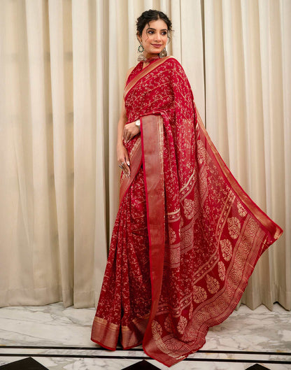Red Georgette Printed Zari Stripe Saree 
