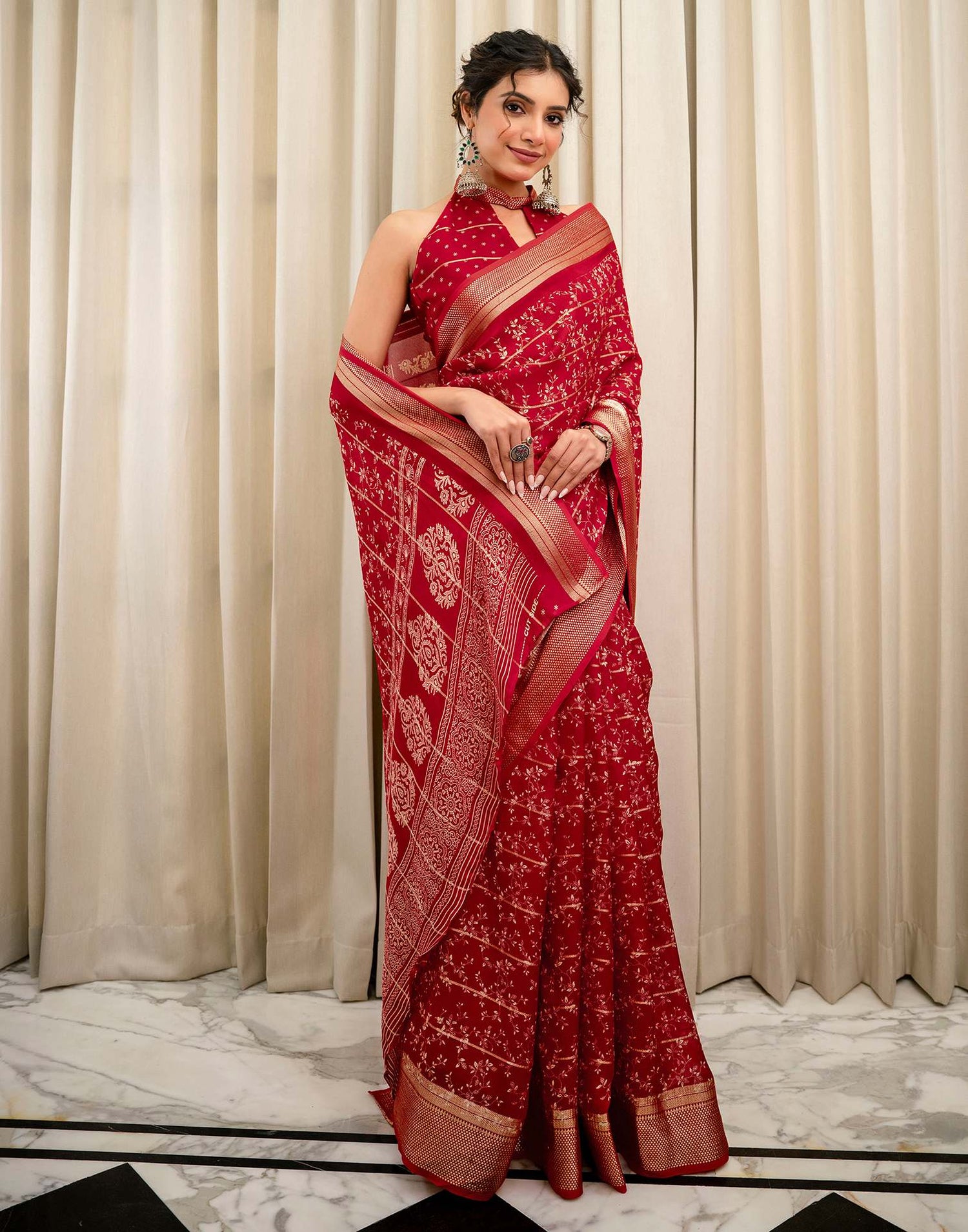 Red Georgette Printed Zari Stripe Saree 