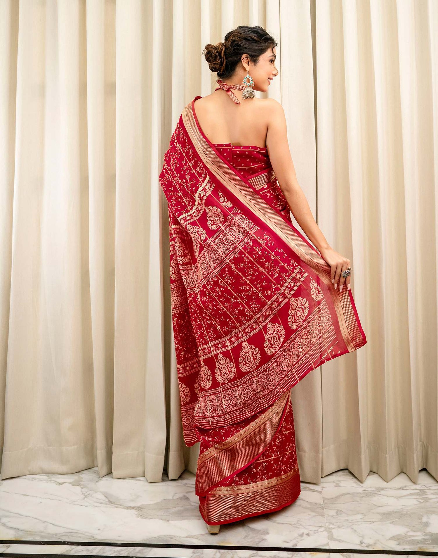 Red Georgette Printed Zari Stripe Saree 