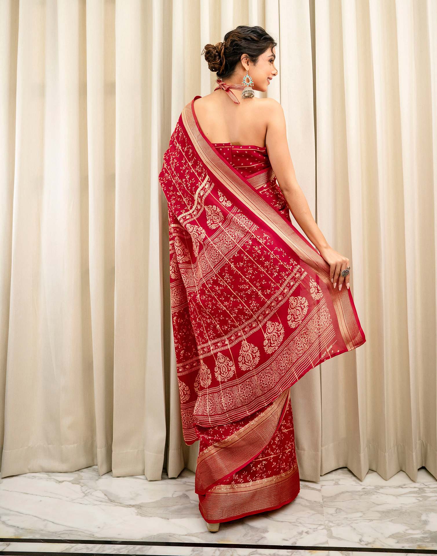 Red Georgette Printed Zari Stripe Saree 