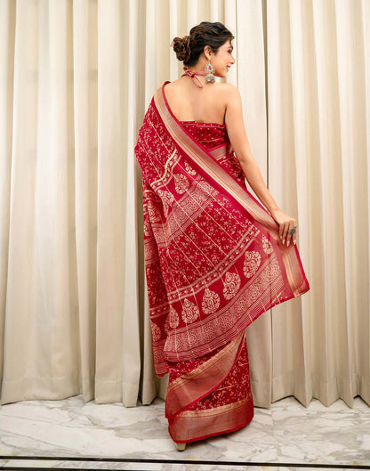 Red Georgette Printed Zari Stripe Saree 