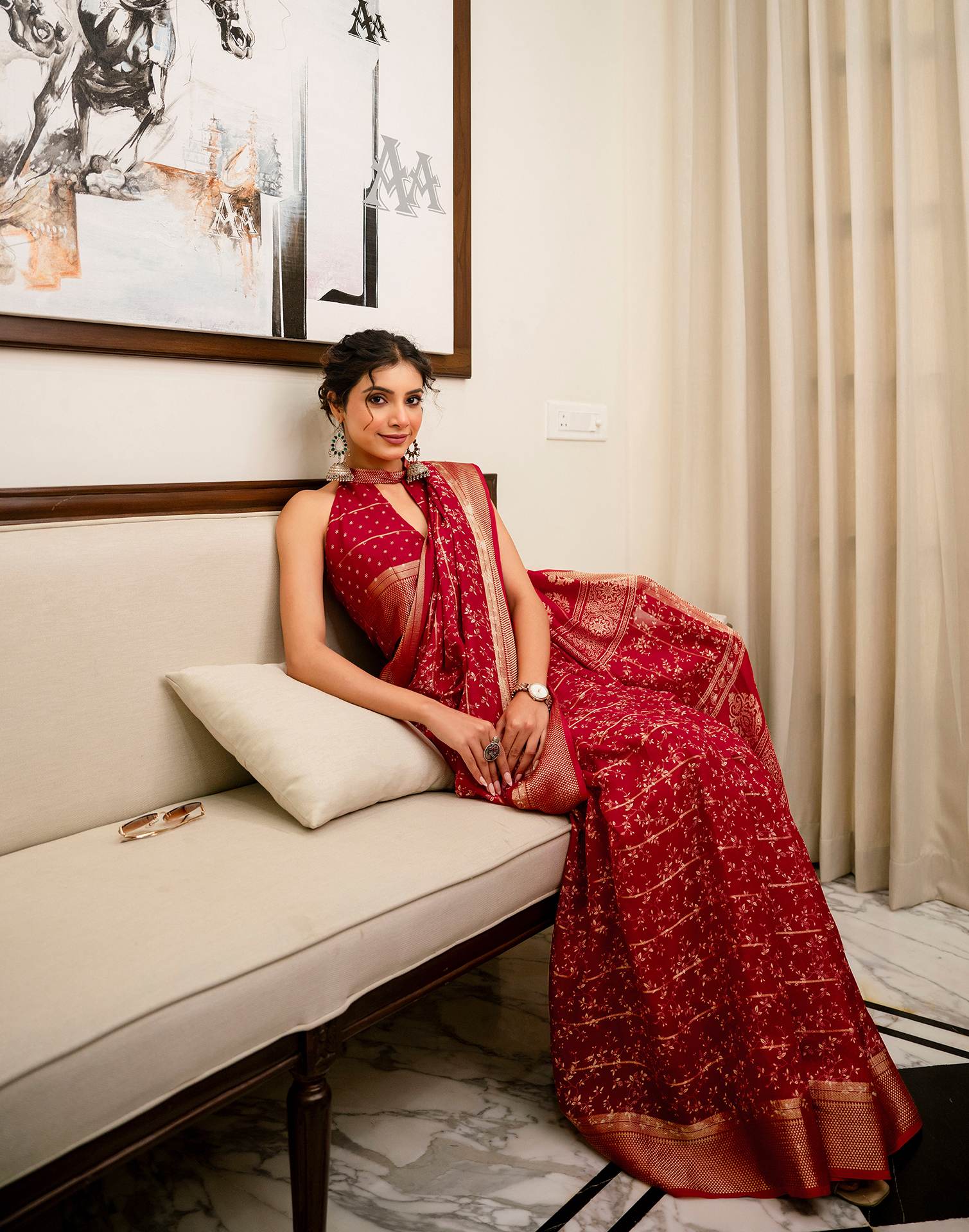 Red Georgette Printed Zari Stripe Saree 