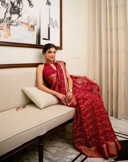 Red Georgette Printed Zari Stripe Saree 