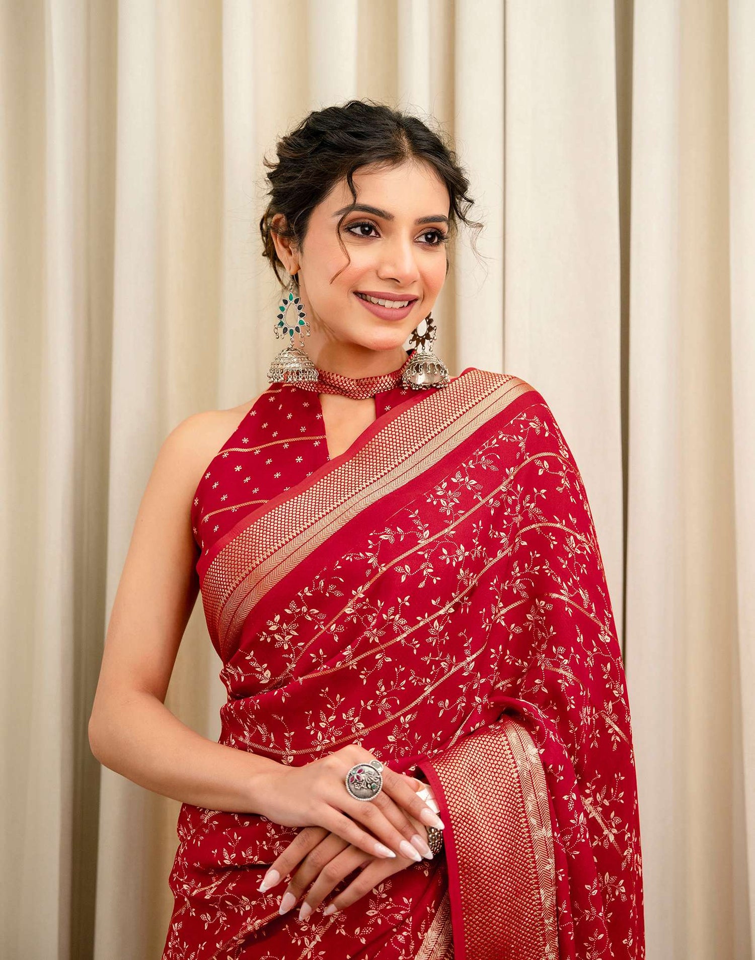 Red Georgette Printed Zari Stripe Saree 
