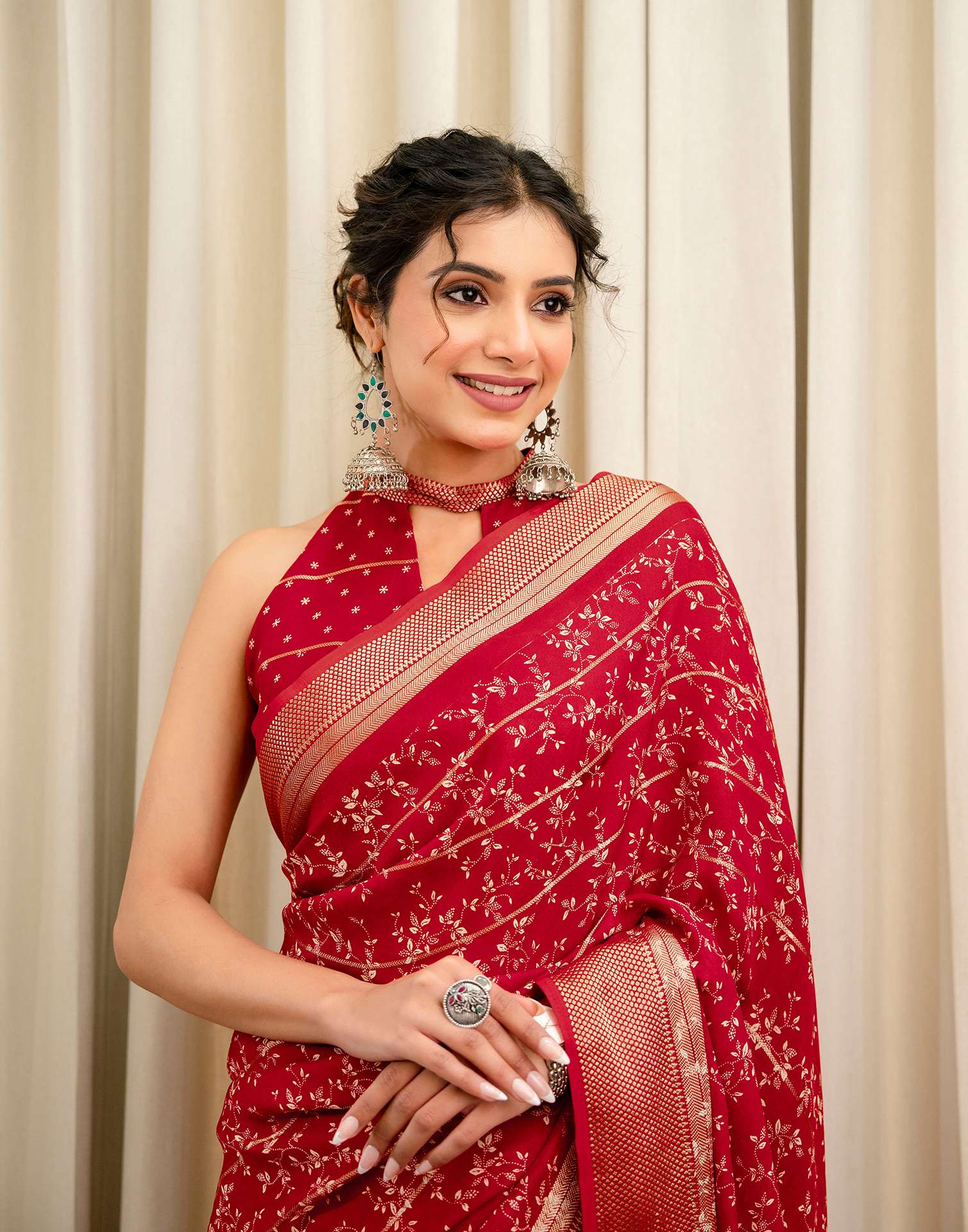 Red Georgette Printed Zari Stripe Saree 