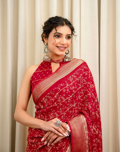 Red Georgette Printed Zari Stripe Saree 
