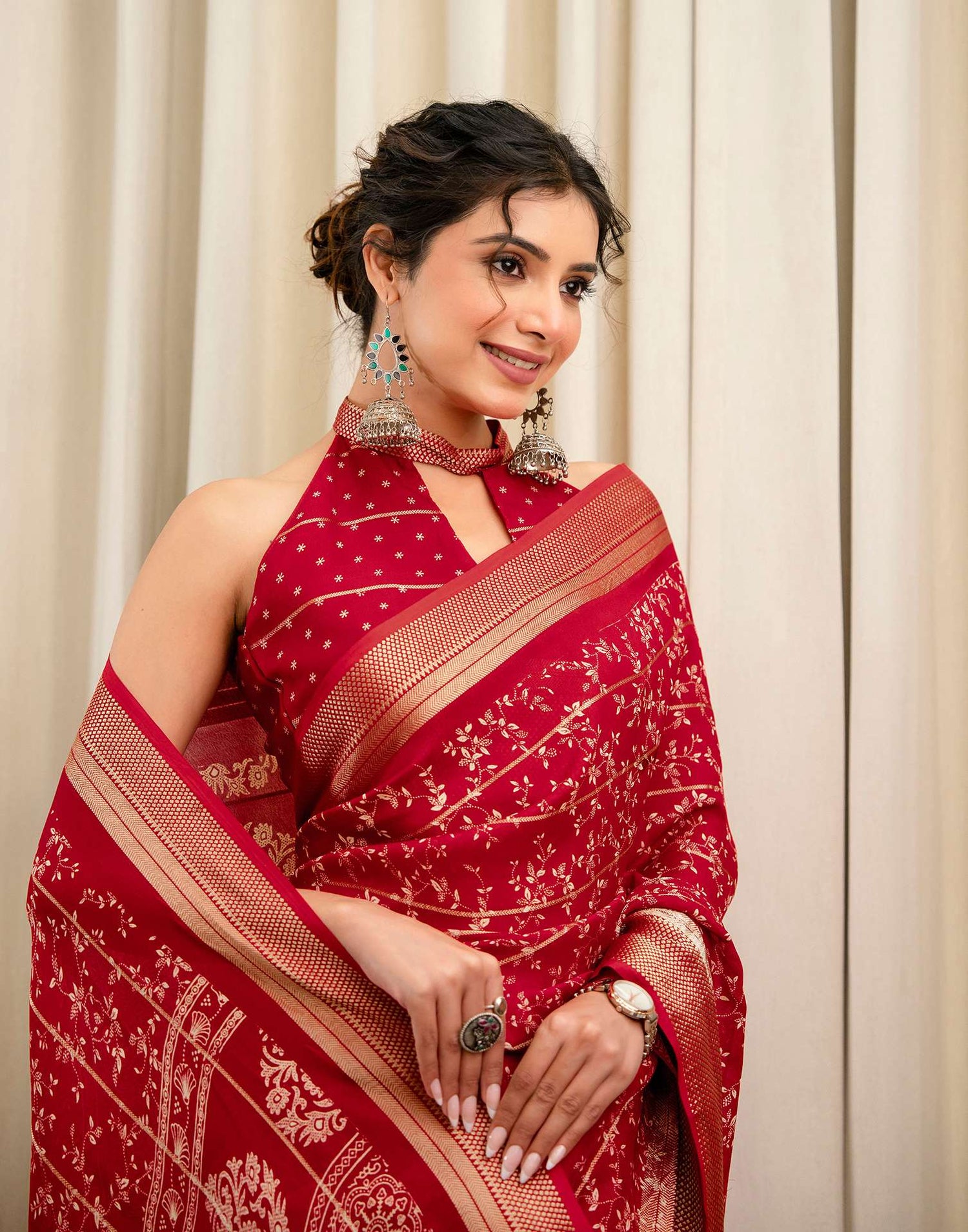 Red Georgette Printed Zari Stripe Saree 