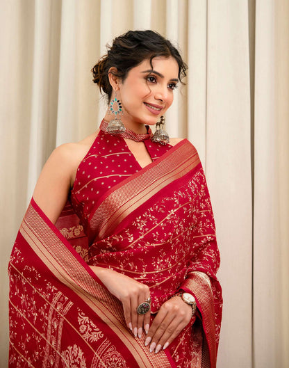 Red Georgette Printed Zari Stripe Saree 