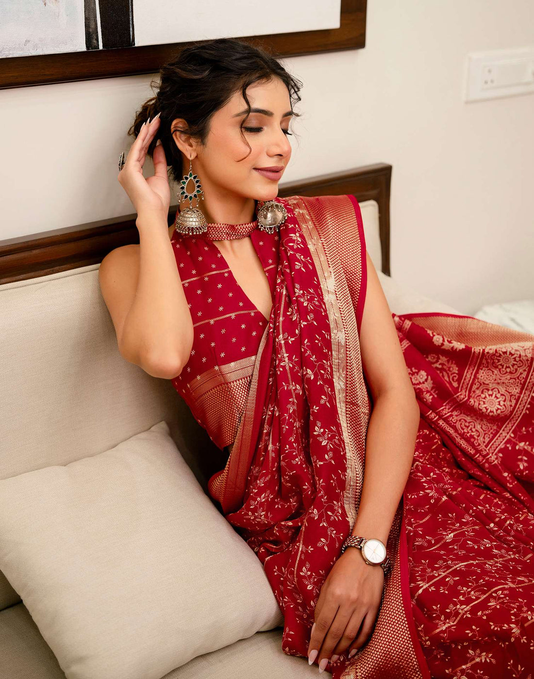 Red Georgette Printed Zari Stripe Saree 