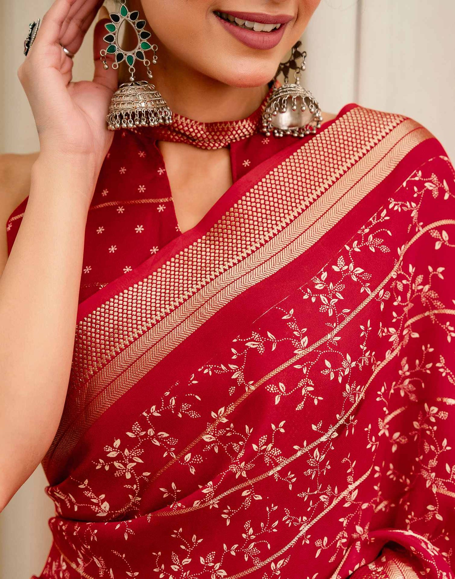 Red Georgette Printed Zari Stripe Saree 