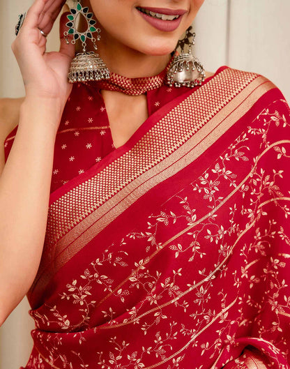 Red Georgette Printed Zari Stripe Saree 