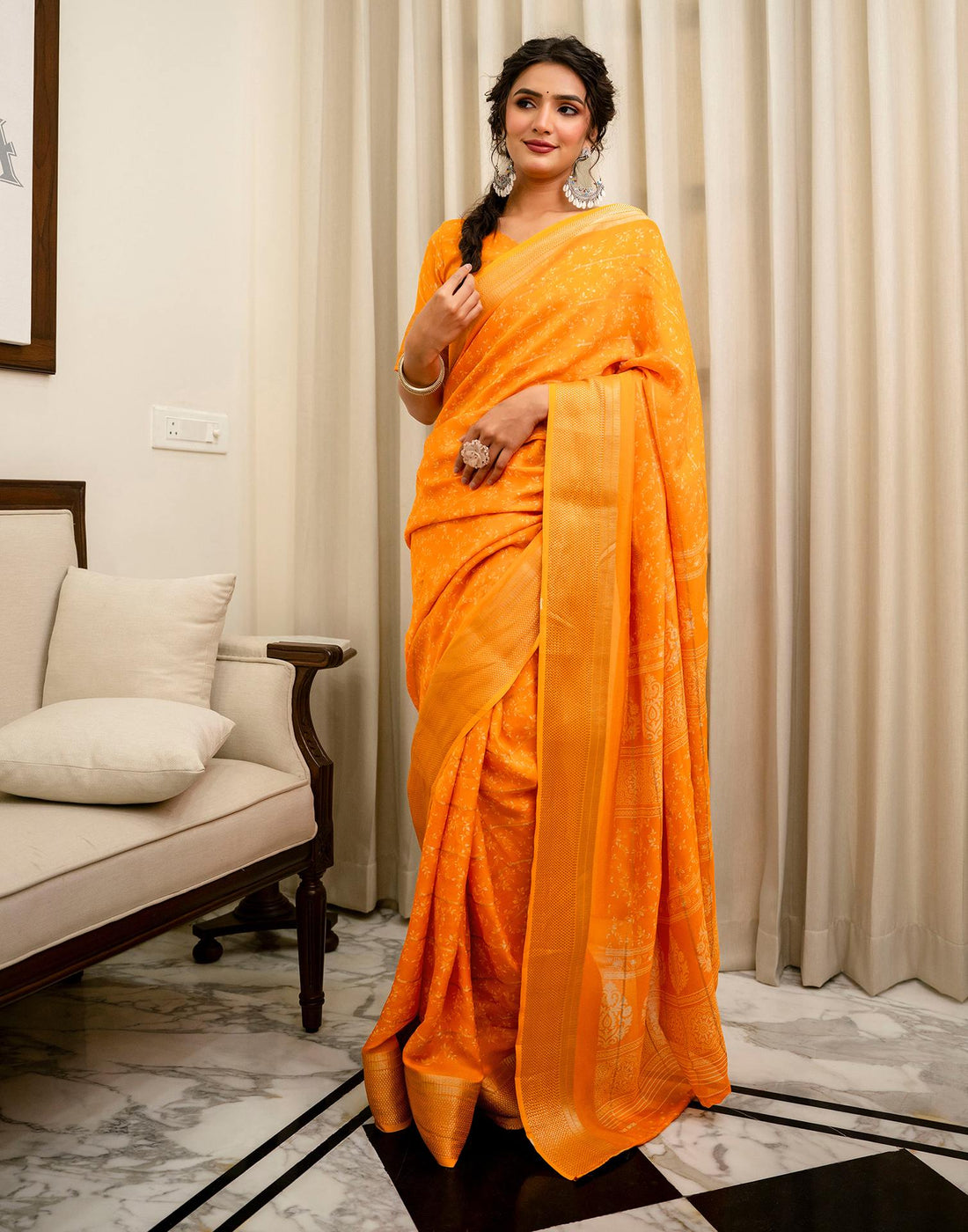 Orange Georgette Printed Zari Stripe Saree 
